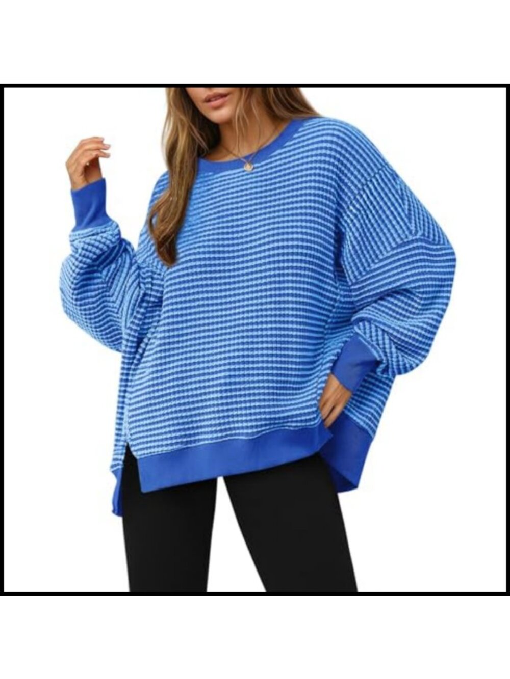Waffle Knit Oversized Sweatshirt Crewneck Split Tunic Pullover